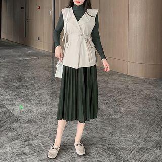 Set: Mock Neck Knit Top + Vest + Pleated Midi Skirt