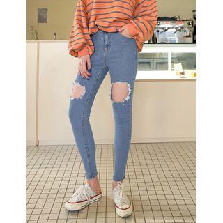 Plus Size Band-waist Distressed Skinny Jeans