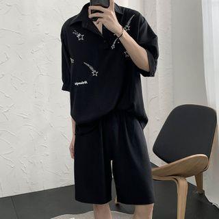 Set: Elbow-sleeve Star Embroidered Polo Shirt + Straight-cut Shorts