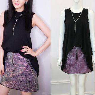 Sleeveless Asymmetric Top/glitter Skirt