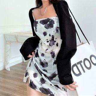 Long-sleeve Plain Top / Sleeveless Tie-dye Slit Dress