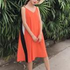 Spaghetti-strap Color Block V-neck Dress