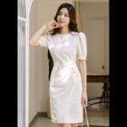 Metallic-button Midi Wrap Sheath Dress