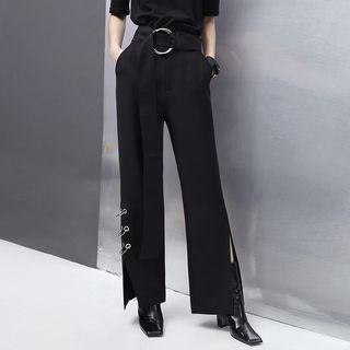 Ring-details Slited Straight-cut Pants