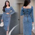 Set: Long-sleeve Denim Top + Skirt