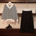 Striped Sweater / Midi A-line Skirt / Set