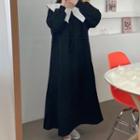 Long-sleeve Wide-collar Drawstring-waist Midi A-line Dress