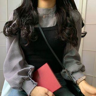 Puff-sleeve Plaid Top + Plain Camisole