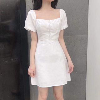 Short-sleeve Square Neck Slim Fit Plain Dress