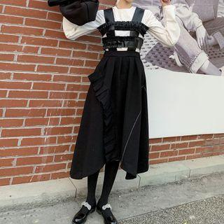 Ruffle Trim Midi A-line Overall Dress