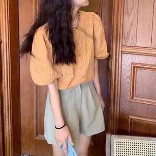 Puff-sleeve Lace Panel Blouse / Shorts