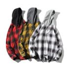 Long-sleeve Plaid Buttoned Hooded Top