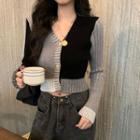 Color Panel Cropped Cardigan Black & White & Gray - One Size