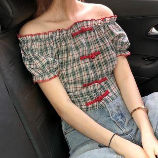 Off-shoulder Check Button-front Top Plaid - One Size