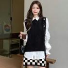 Round Neck Button-up Knit Vest / Puff-sleeve Plain Shirt / Checkerboard Mini Skirt