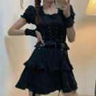 Set: Short-sleeve Buckled Frill Trim Mini A-line Dress + Wrist Cuffs