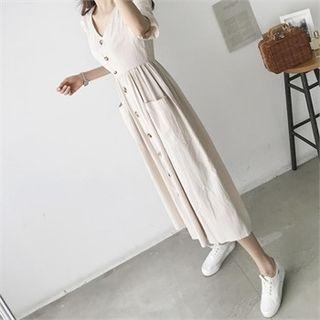 V-neck Gathered-waist Long Shirtdress
