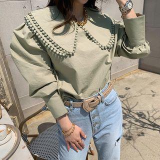 Puritan-collar Bishop-sleeve Blouse Khaki - One Size