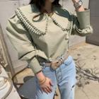 Puritan-collar Bishop-sleeve Blouse Khaki - One Size