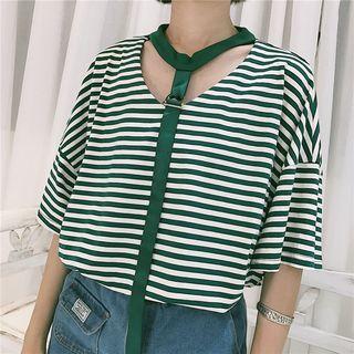 Striped Tie-neck Elbow-sleeve T-shirt