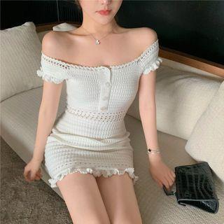 Pointelle Knit Off-shoulder Mini Sheath Dress