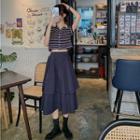 Striped Short-sleeve Polo Shirt / Midi Tiered Skirt