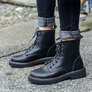 Genuine Leather Block Heel Lace-up Short Boots