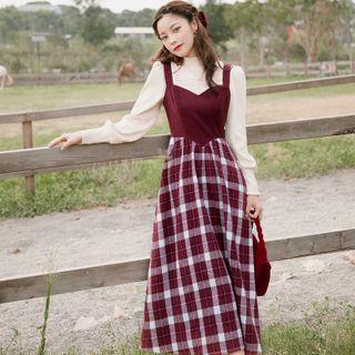 Mock-neck Knit Top / Plaid Panel Midi A-line Overall Dress