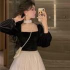 Velvet Square-neck Long-sleeve Slim-fit Top Black - One Size