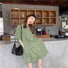 Elbow-sleeve Pattern Shirt Dress Green - One Size