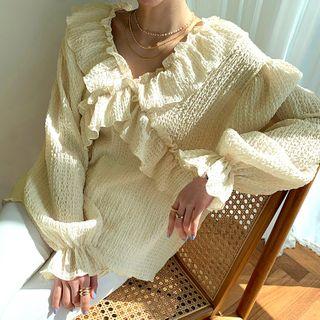 Frilled Textured Blouse Cream - One Size