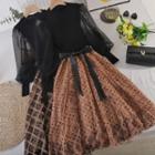 Mock Two-piece Round-neck Mesh Lantern-sleeve Panel Dots Lace Dress