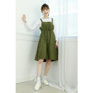 Petite Size Drawstring-waist Pinafore Dress & T-shirt Set