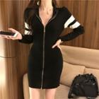 Long-sleeve Zip-front Mini Bodycon Knit Dress Black - One Size