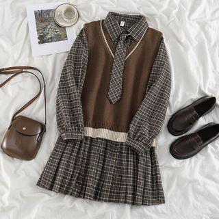 Long-sleeve Plaid Pleated A-line Shirtdress / Sweater Vest