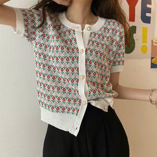 Short-sleeve Floral Knit Top Floral - Green & Red & White - One Size