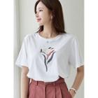 Beaded Printed T-shirt White - One Size