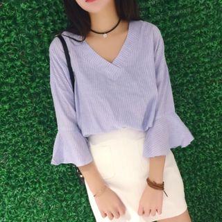 Ruffle 3/4-sleeve V-neck Blouse