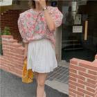 Ruffle Trim Collar Floral Blouse / Plain Mini A-line Skirt