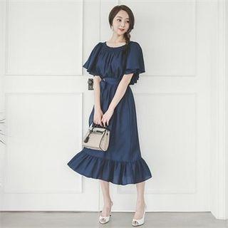 Off-shoulder Ruffle-hem Dress With Belt