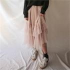 Tulle-overlay Long Flare Skirt