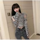 Zebra Print Cold-shoulder Blouse Blouse - Zebra Print - Black & White - One Size