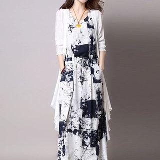 Set: Sleeveless Print Midi A-line Dress + Cardigan