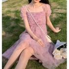 Floral Print Short-sleeve Midi A-line Dress / Sleeveless Dress