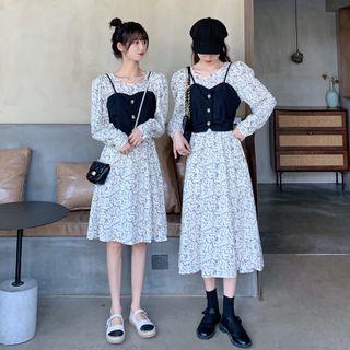 Set Of 2 : Round-neck Print Long-sleeve Dress + Suspender Top