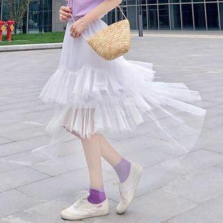 Lettering Short-sleeve T-shirt / Layered A-line Maxi Skirt
