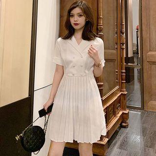 Buttoned Short-sleeve Pleated A-line Dress