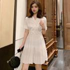 Buttoned Short-sleeve Pleated A-line Dress