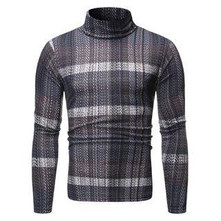 Mock-turtleneck Long-sleeve Plaid T-shirt