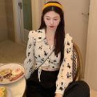 Tie-waist Twist-front Floral Crinkle Cropped Blouse